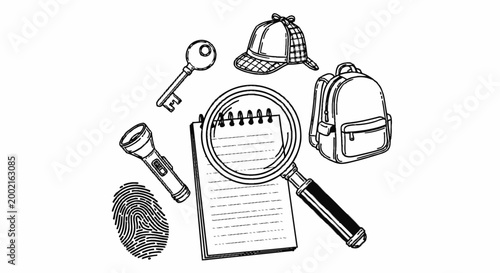 Detective, investigation, crime scene, search, 8 icons, vector graphics, black and white, line art, detective tools, forensic, illustration set