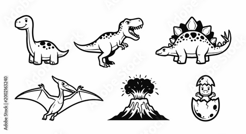 Dinosaur icons, vector set, black and white, 6 prehistoric animal illustrations, T-Rex, Stegosaurus, Pterodactyl, volcano eruption