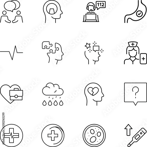 Healthcare medical mental wellness emotional support icons, nurse, thermometer, heartbeat, stomach, medical cross, brain, puzzle, cloud