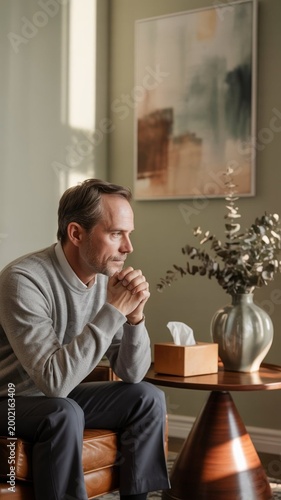 A Caucasian male therapist listens attentively to a client in a softly lit, neutral-toned counseling office. A large abstract painting hangs on the wall, and a small side table holds a box of tissues 