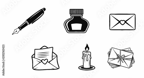 Vintage writing icons, antique stationery set, 6 black and white illustrations, inkwell, candle, envelope, letter, quill pen