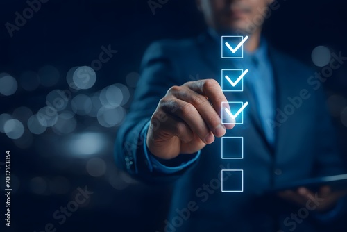 Businessman tick correct sign mark for document approve, project acceptance and quality assurance concept, take an assessment, questionnaire, evaluation, online survey, online exam, checklist.