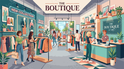 A vibrant illustration of a stylish clothing boutique with customers shopping and staff assisting