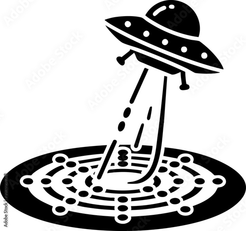 Ufo spaceship flying saucer landing with tractor beam science fiction icon on surface map.
