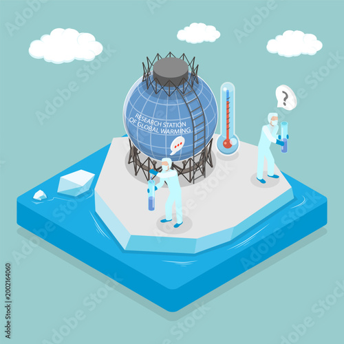 3D Isometric Flat Vector Illustration of Antarctic Research, Explorer Researches Global Warming At Antarctic Polar Station In Winter Landscape