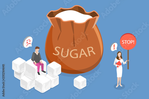 3D Isometric Flat Vector Illustration of Sugar Addiction, Excessive Sugar Consumption Leading To Glucose Overdose Eating Issue