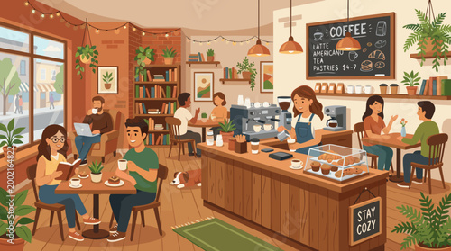Charming coffee shop interior with customers enjoying beverages and pastries
