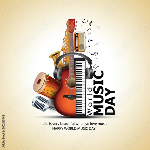 happy world music day and musical instruments with blue background. vector illustration design