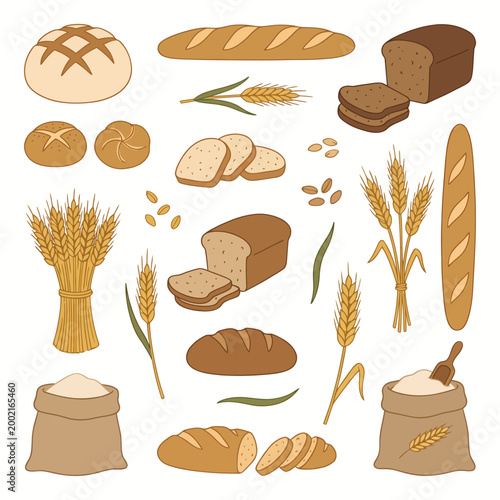 Hand Drawn Style Bakery Elements with Wheat Stalks and Flour