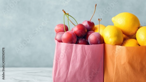 Fresh Plums and Lemons in Colorful Paper Bags