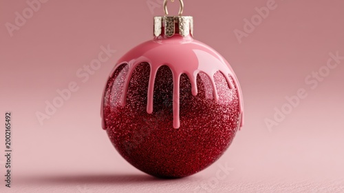 Sparkling Pink and Red Christmas Ornament with Dripping Paint