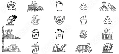 Set of environmental pollution and recycling icons in black and white