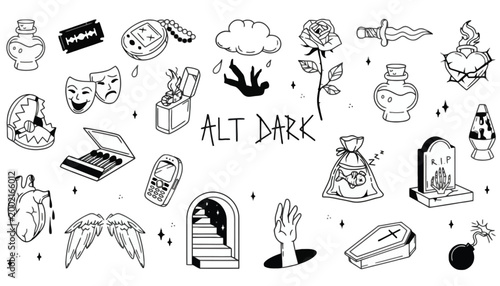 Collection of hand-drawn gothic and alternative dark aesthetic on a white background