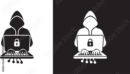 Computer hacker with laptop icon, Spy agent searching sign, symbol, logo, illustration, editable stroke, flat design style 