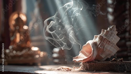 Incense smoke rising from a conch shell in a Hindu temple shrine