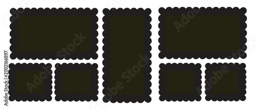 Set of black wavy edge frames. Rectangle shape frame with zigzag edge. Rectangular zigzag curved box. Decorative banners and labels set on white background. Vector