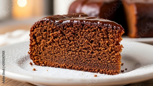 A slice of chocolate cake sits on a white plate indoors
