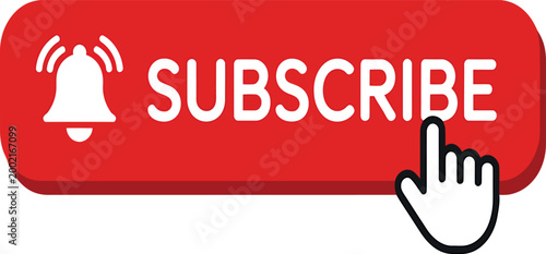 Red subscribe button with bell icon and hand cursor on white background