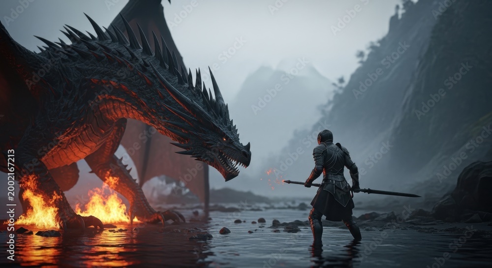 Fototapeta premium Brave Warrior Faces Fire Breathing Dragon in Misty Mountains Fantasy Battle