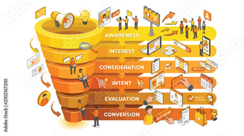Isometric Sales Funnel Workflow System Illustration Vector Graphic Showing Awareness to Conversion Stages