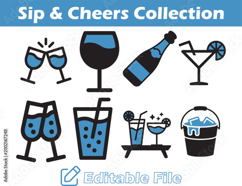 Sip cheers collection flat vector icons of drinks, cocktails, wine, champagne, and ice bucket