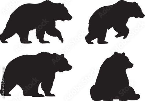Set of grizzly bear silhouettes in various walking and sitting poses.
