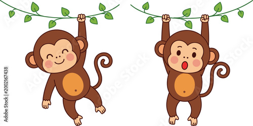 Cute Cartoon Monkey Pair Hanging from Green Jungle Vines with Happy and Surprised Expressions for Kids and Animal Themed Designs