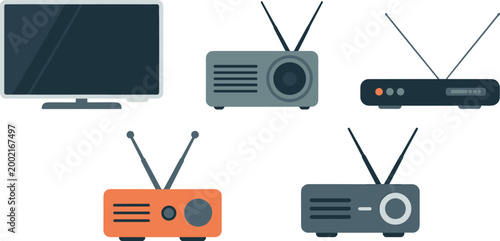Colorful electronic devices illustration showing television, radios, receivers, and modern communication technology
