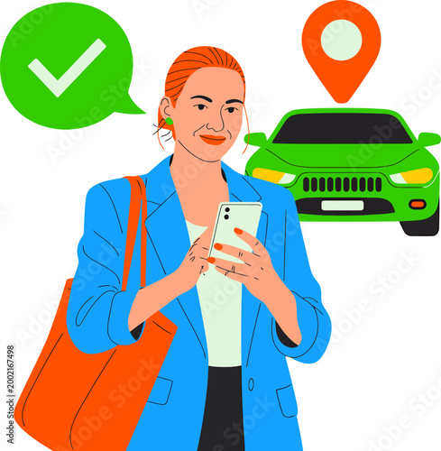 Smiling woman using smartphone to book a ridesharing car, confirmed with a checkmark and location pin