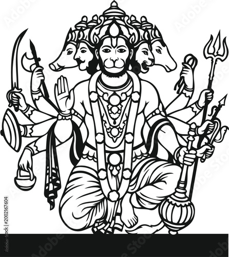 Konstfotografi Panchamukhi Hanuman Five Faced Hindu God Black White Line Art Outline Illustrati