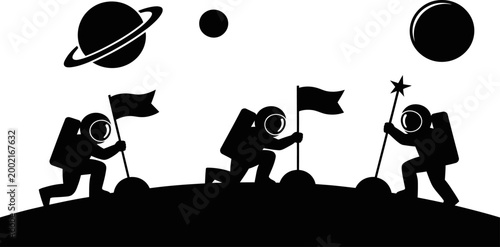 Astronauts planting flags on a planet with saturn and other planets in the background