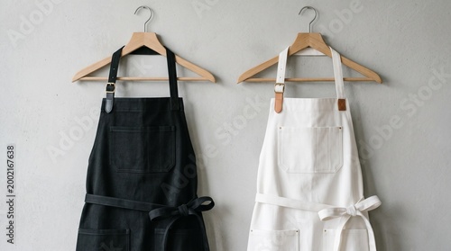 Professional Black and White Canvas Aprons Hanging on Wooden Hangers