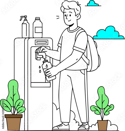Young man filling water bottle at a water cooler station in a modern office or campus environment
