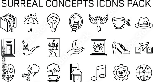 A versatile collection of abstract black and white line art icons, illustrating surreal and imaginative concepts for creative projects.