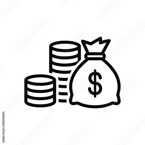 Black and White Line Piggy Bank with Stacked Coins