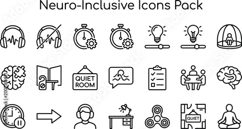 Neuro-inclusive icons pack depicting diverse needs including sensory, focus, and calm spaces for individuals