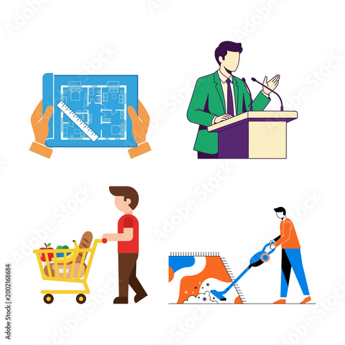 Conceptual vector illustrations of blueprints, a politician, grocery shopping and cleaning services