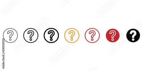 Question mark help and support icon set featuring minimalist outline, solid, and orange styles with various stroke weights for interface.