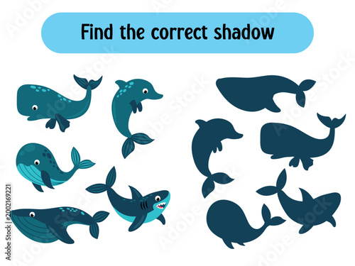 Sea animals shadow matching worksheet for preschoolers.