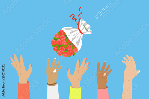 3D Isometric Flat Vector Illustration of Bridal Bouquet Toss, Bridesmaids Catch Bridal Bouquet In Wedding Ceremony Tradition.