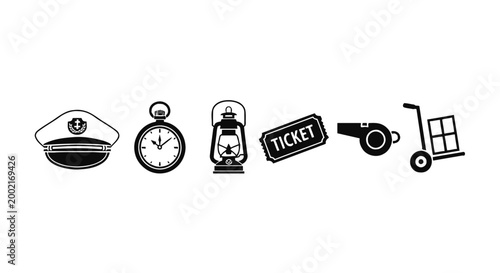 Travel, transportation, tourism icons set, 6 black and white vector graphics, travel symbols, icons collection