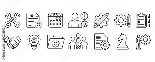 Collection of business and productivity icons with gears and tools for workflow optimization