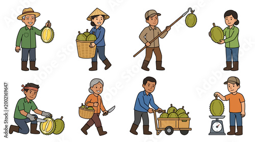 Diverse group of cheerful durian farmers working efficiently with their harvest in several different agricultural and daily market tasks