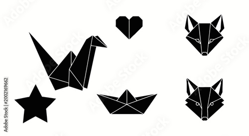 Black origami icons, paper folding designs, crane, boat, fox faces, heart, star shapes, vector illustrations