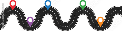 Winding Road With Colorful Location Pins Isolated On Transparent Background