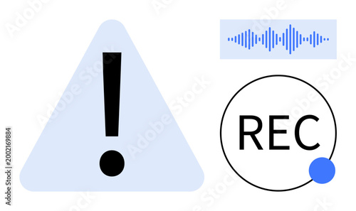Audio recording concept. Warning exclamation mark, sound wave graphic, and recording icon audio capture and alert usage. Ideal for media, security, privacy, apps, tutorials