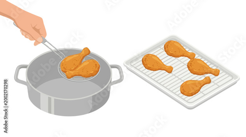 Hand using a metal skimmer to lift crispy fried chicken drumsticks from a cooking pot onto a cooling wire rack