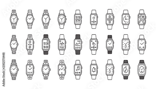 Hand-drawn sketch collection of various smartwatch and wristwatch designs in black and white style.