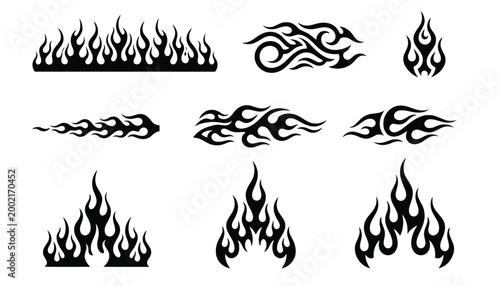 Set of black tribal flame silhouettes and fire shapes isolated on a white background set