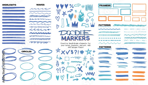 Set of hand-drawn doodle marker including highlights, waves, and frames in blue
